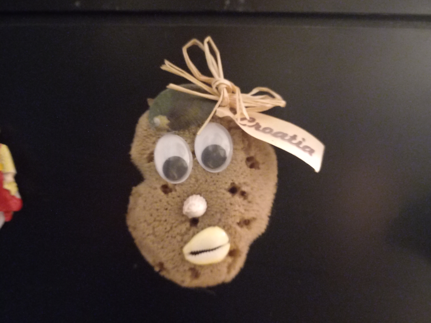 Twarz ludzka wykonana z gąbki, zabawny googly eyes oraz muszelek. Podpisana z dumą krajem pochodzenia oraz z fryzura ze sznurka